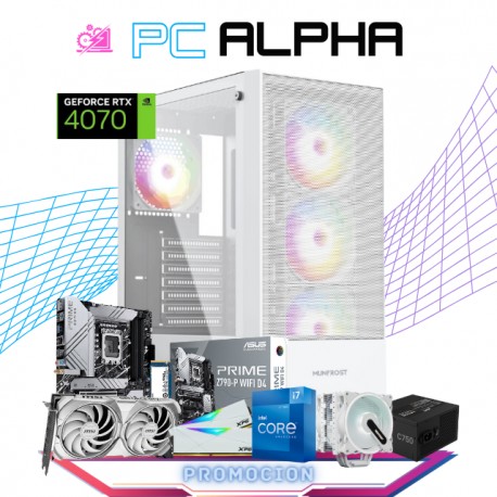 PC ALPHA / INTEL CORE I7-12700K / RTX 4070 12GB / 32GB RAM / 1TB SSD M.2 NVME + 2TB HDD / DISIPADOR DE TORRE DOBLE / FUENTE 750